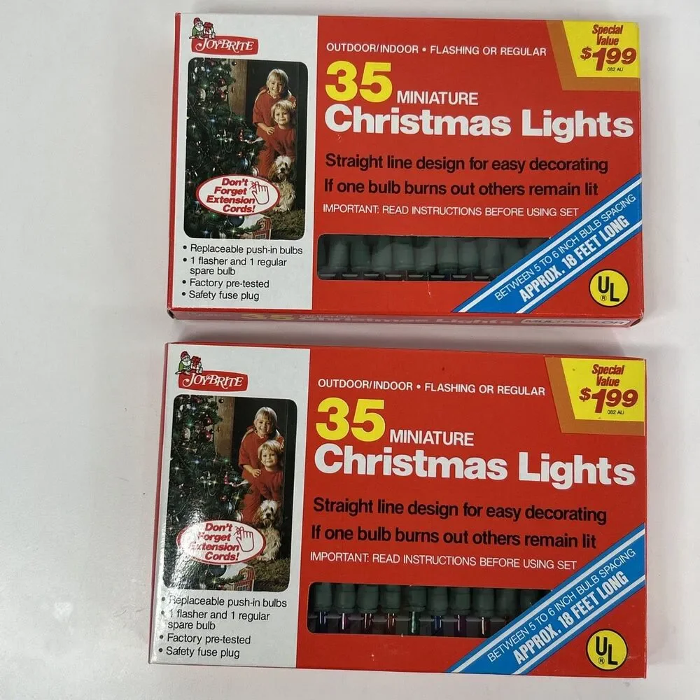 Lot Of 2 Joy Brite 35 Miniature Christmas Lights Multicolor Steady Flashing Vtg